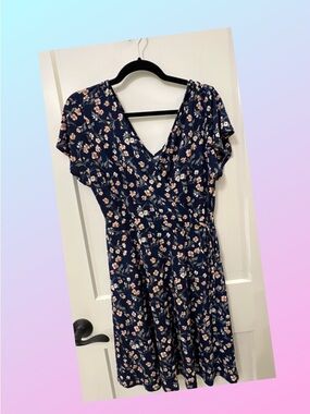 Kaileigh Navy Floral Wrap Midi Dress with Peach & Cream Blooms